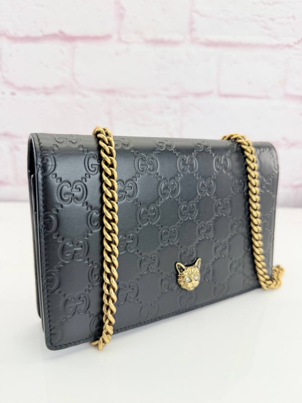 Gucci Rare Crystal Cat Black Embossed GG Leather Guccissima Wallet on Chain